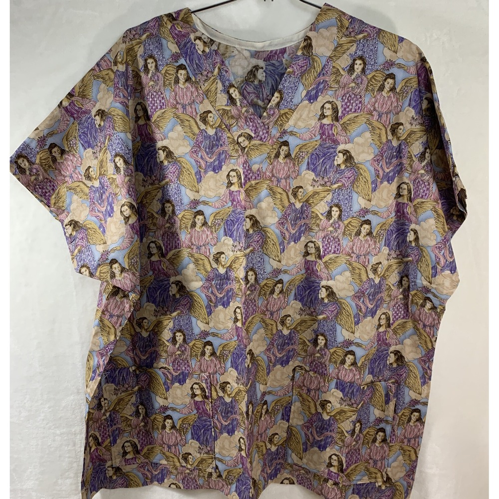 Angels Print SCRUB TOP Sz Lg MEDICAL DENTAL VET TECH Hospice Handmade OOAK NWOT